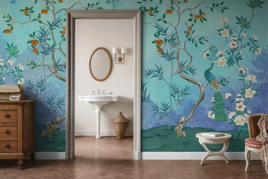 Fototapet Scéna se stromy, květinami a ptáky, modré pozadí w05004v2