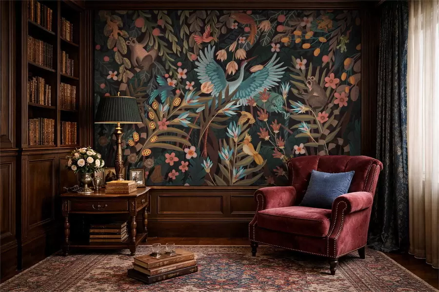 Fototapet Fantazijní scéna s ptáky a zvířaty mezi rostlinami w05024