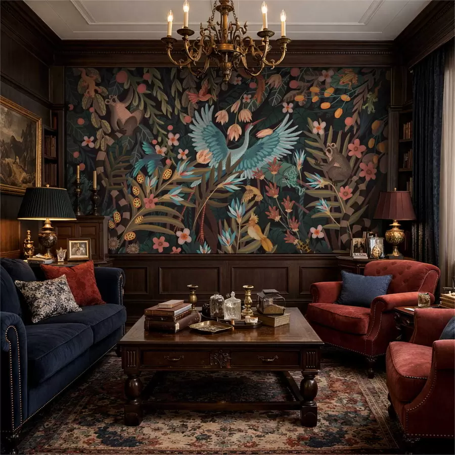 Fototapet Fantazijní scéna s ptáky a zvířaty mezi rostlinami w05024