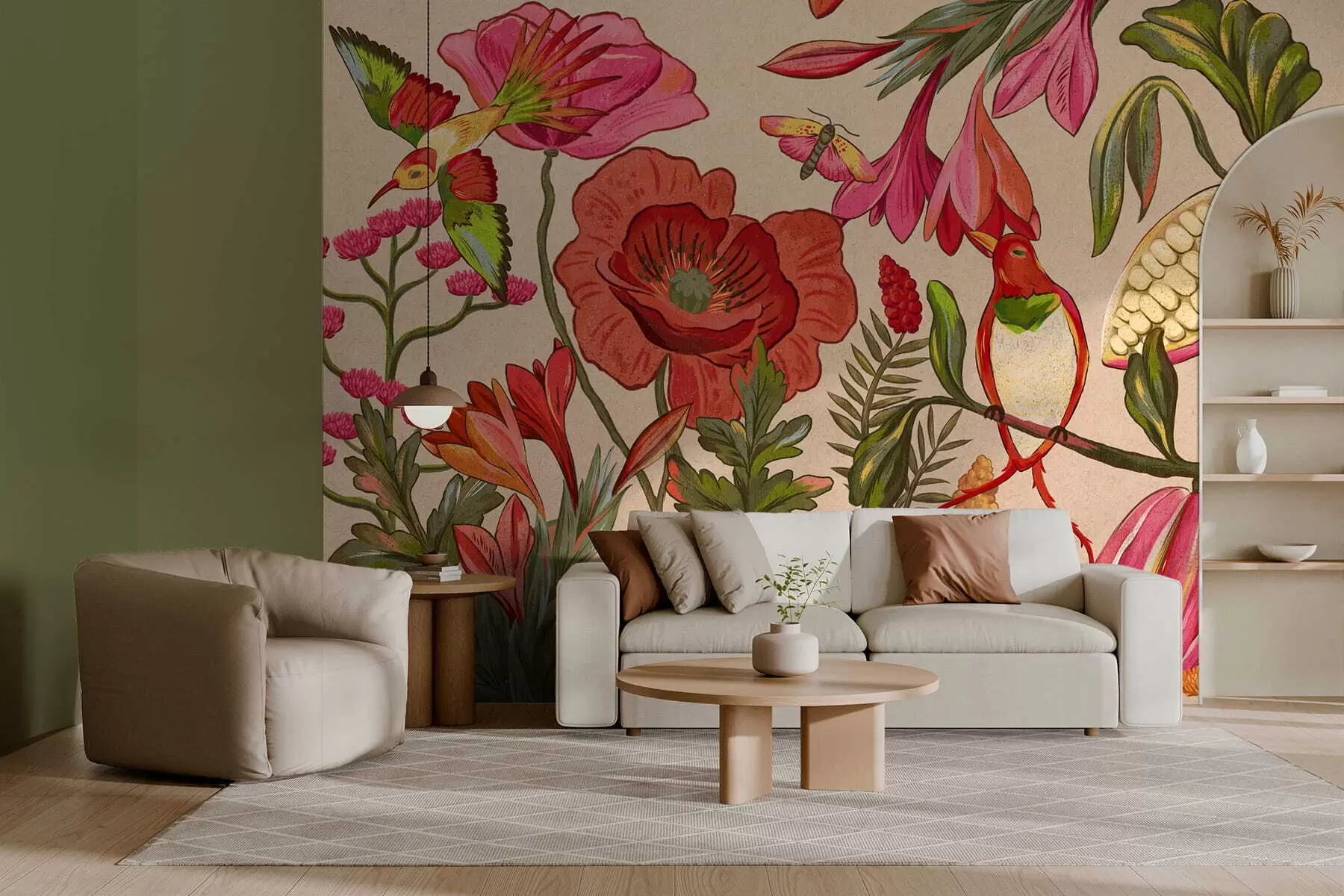 Fototapet Dekorativní květiny a ptáci na béžovém pozadí w05036