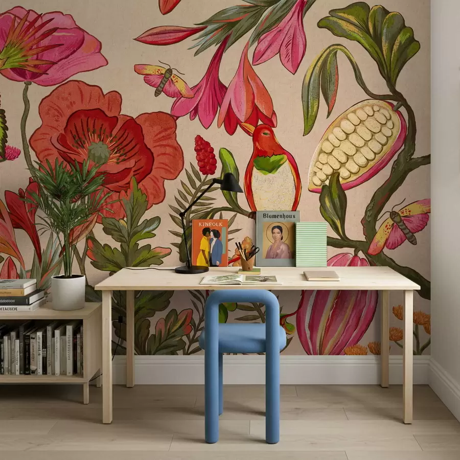 Fototapet Dekorativní květiny a ptáci na béžovém pozadí w05036