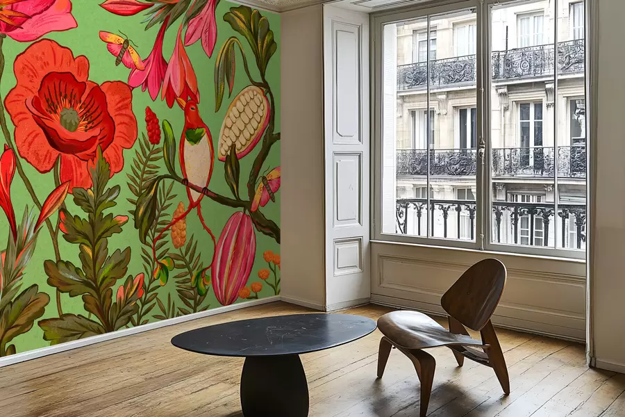 Fototapet Dekorativní květiny a ptáci na zeleném pozadí w05036v1