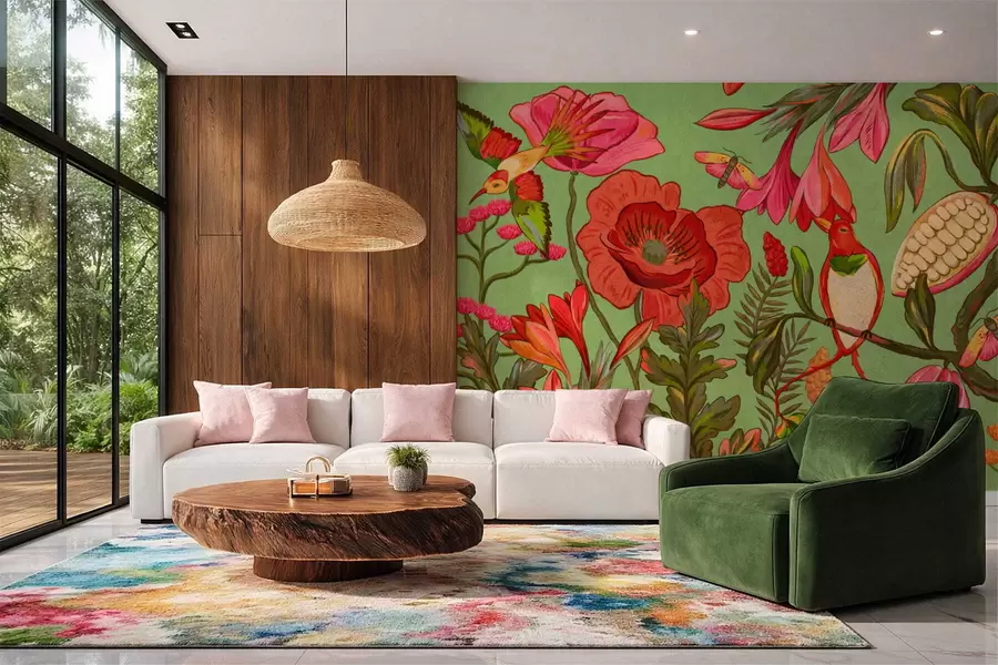 Fototapet Dekorativní květiny a ptáci na zeleném pozadí w05036v1