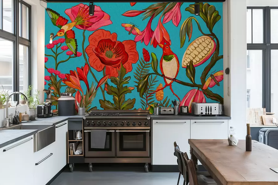 Fototapet Dekorativní květiny a ptáci na modrém pozadí w05036v3