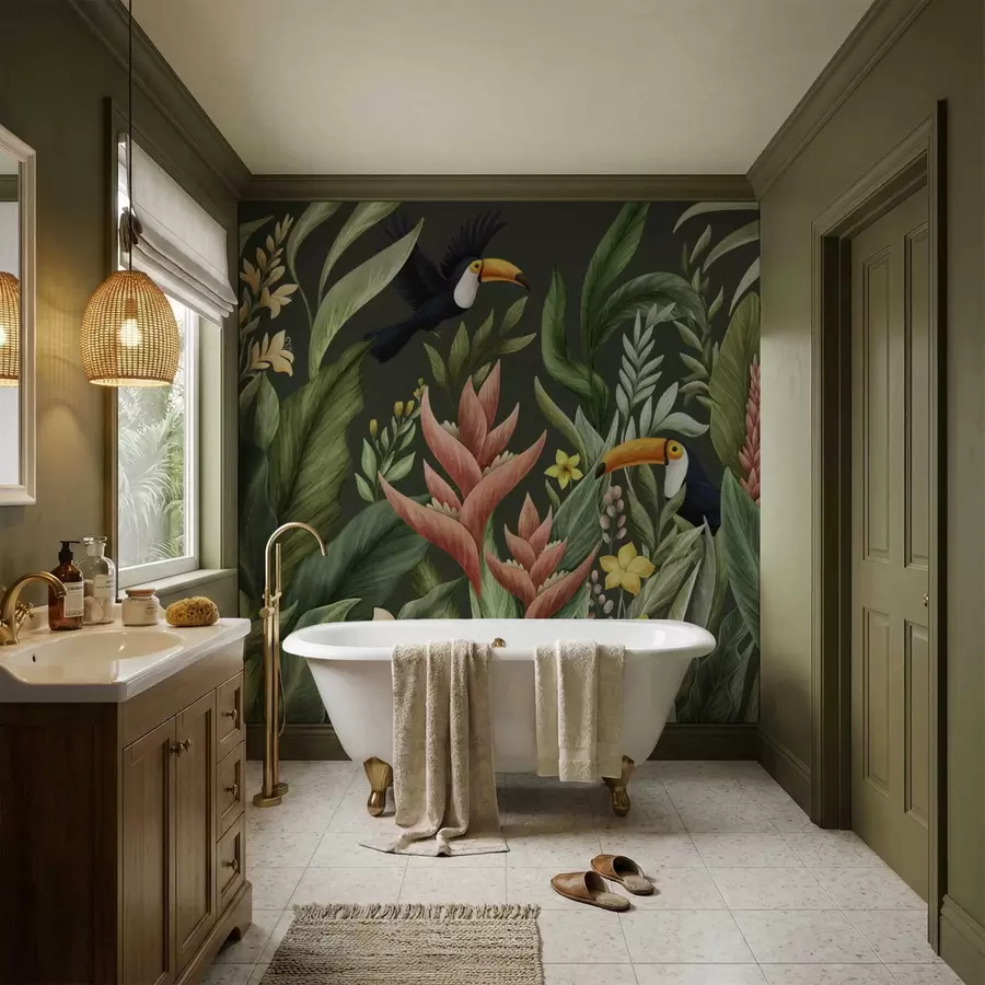 Fototapet Tropické listí a ptáci s velkými zobáky na tmavém pozadí w05088