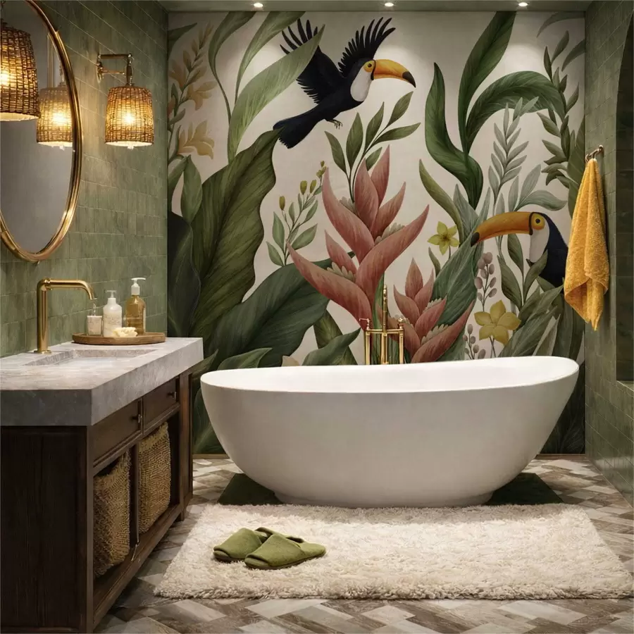 Fototapet Tropické rostliny a ptáci s velkými zobáky na světlém pozadí w05088v1