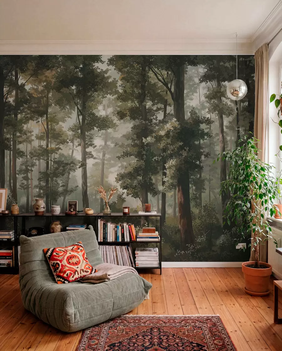 Fototapet Ilustrace lesa s mlhou, vysokými stromy a cestou w05089
