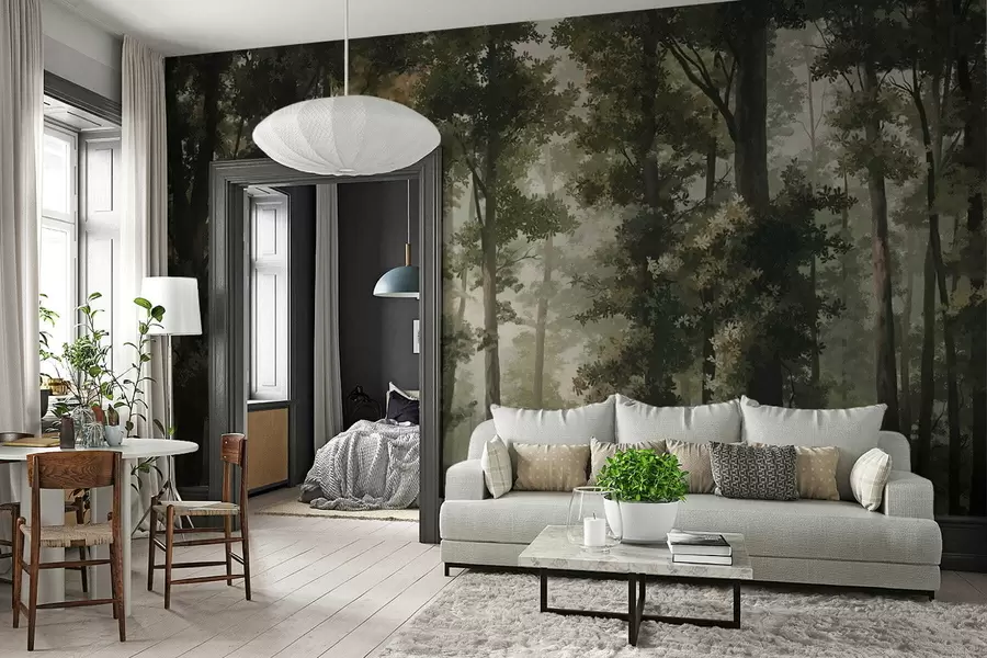 Fototapet Ilustrace lesa s mlhou, vysokými stromy a cestou w05089