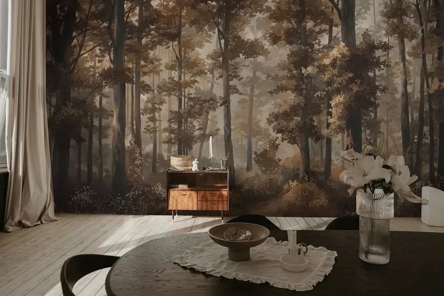 Fototapet Podzimní lesní scéna s teplým světlem a hustými stromy w05089v1