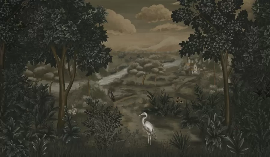 Fototapet Fantasy krajina s řekou, domem a ptáky mezi stromy w05090