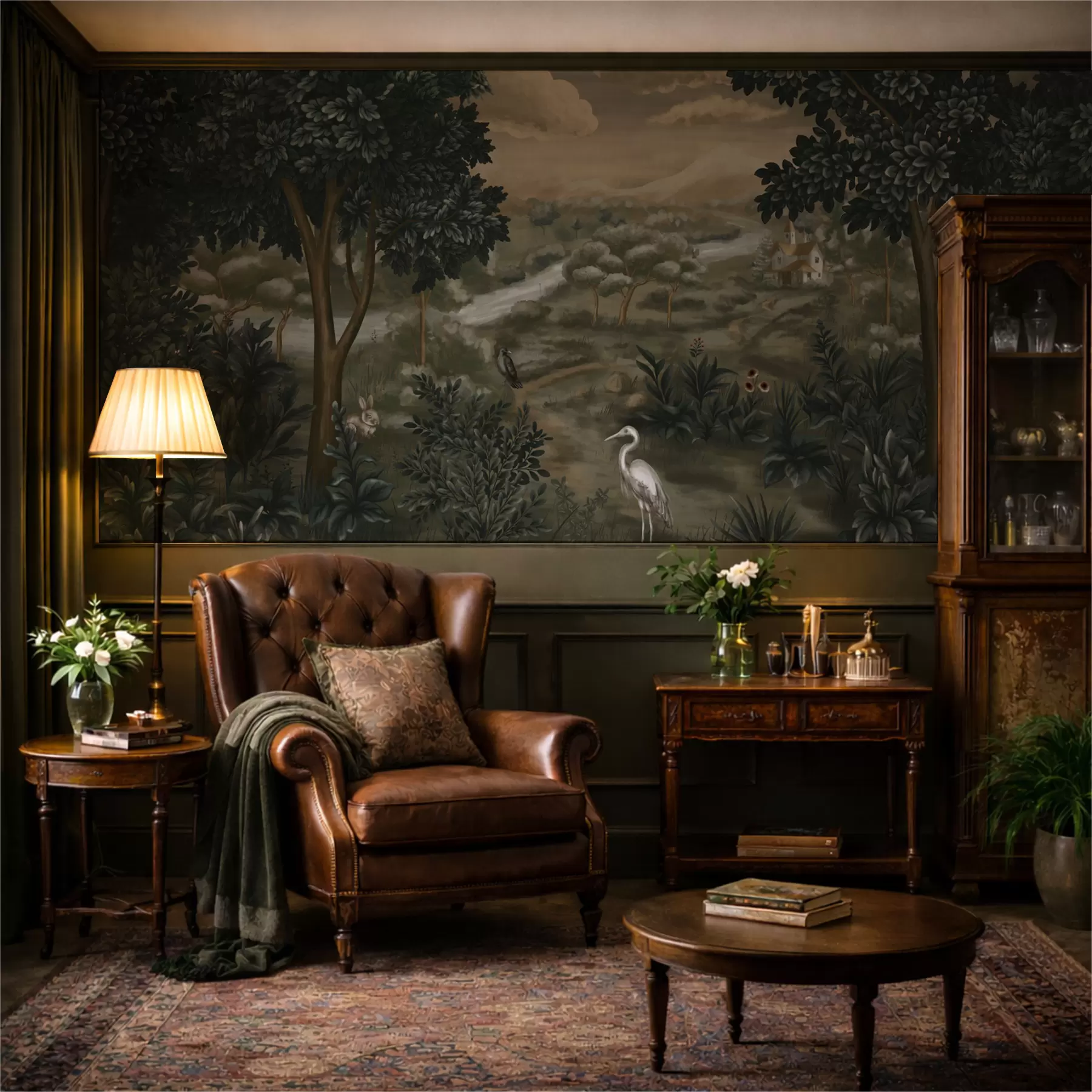 Fototapet Fantasy krajina s řekou, domem a ptáky mezi stromy w05090