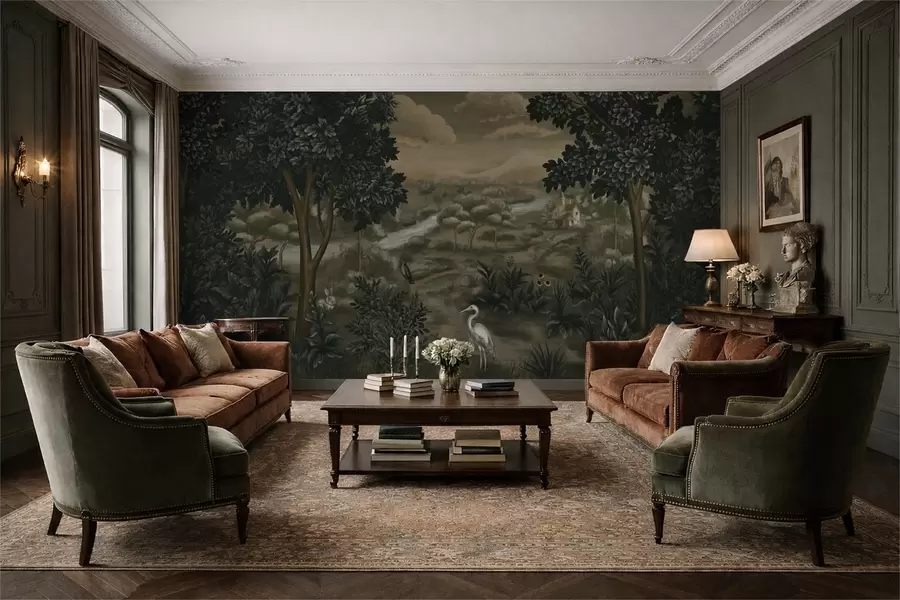 Fototapet Fantasy krajina s řekou, domem a ptáky mezi stromy w05090