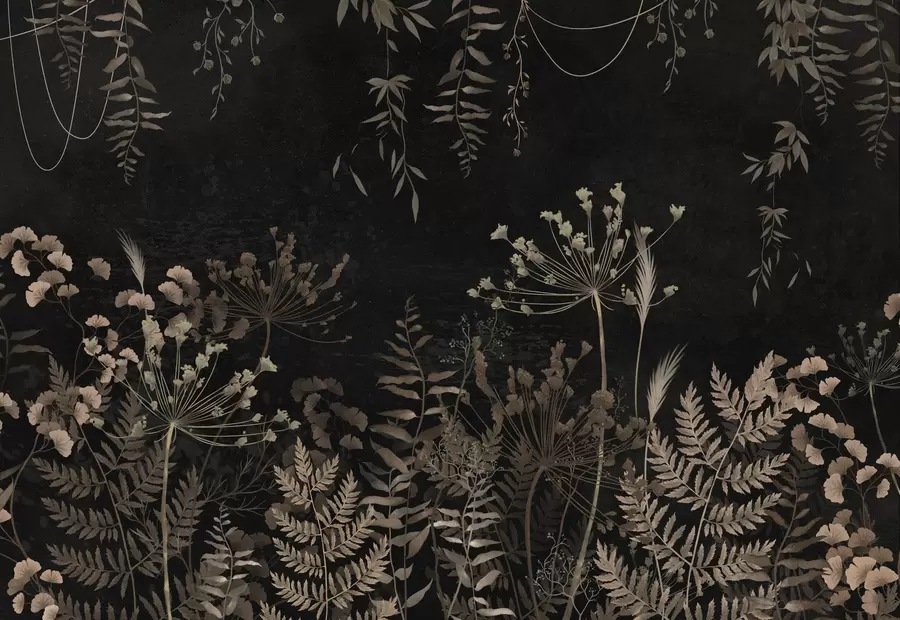 Fototapet Tmavý botanický vzor s květinami a listy w05092