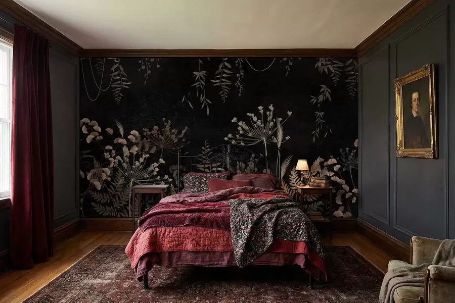 Fototapet Tmavý botanický vzor s květinami a listy w05092