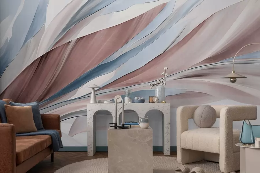 Fototapet Abstraktní vlny modré a hnědé barvy s tenkými tvary a liniemi na bílém pozadí, texturované umění w09585v1