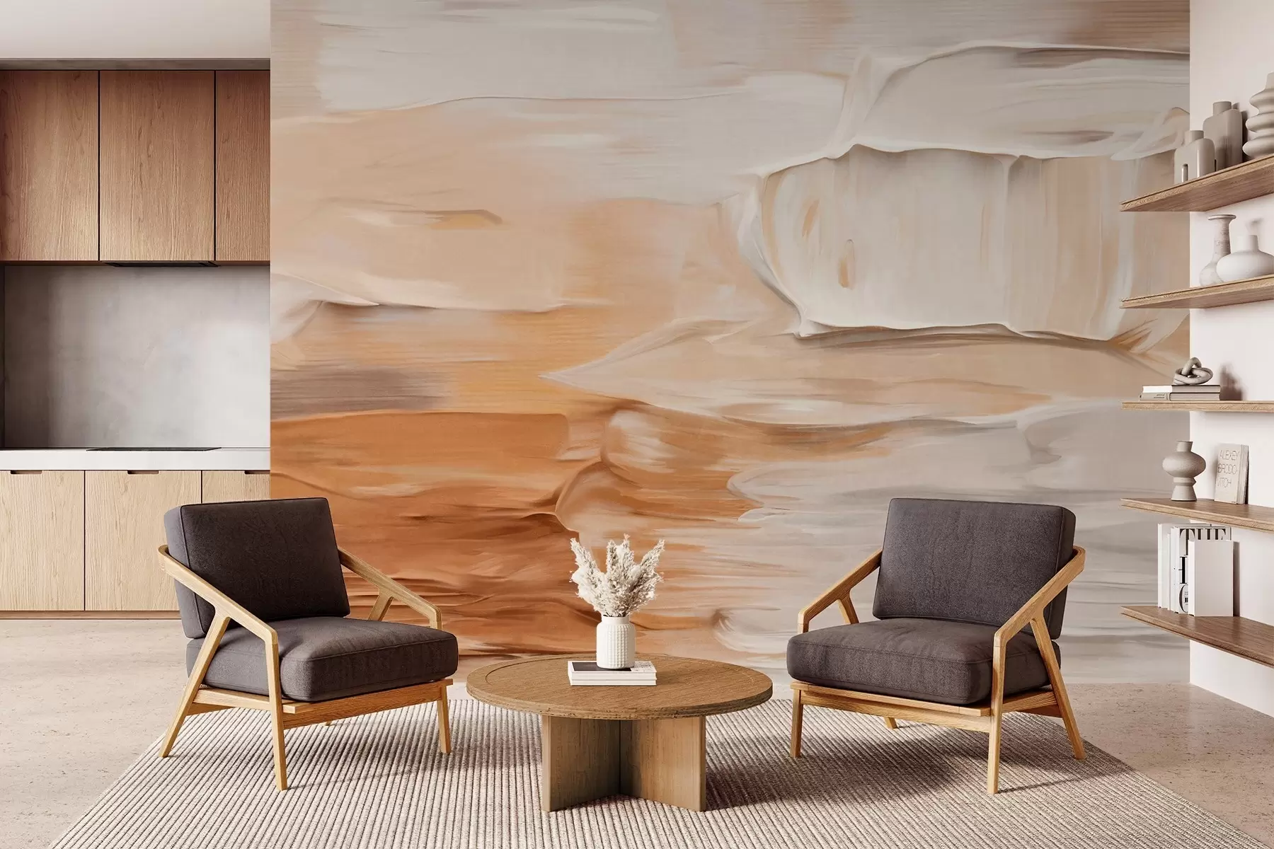 Fototapet Abstraktní imitace texturovaných tahů štětcem v teplých zemitých tónech béžové, krémové a hnědé, moderní umění w09588