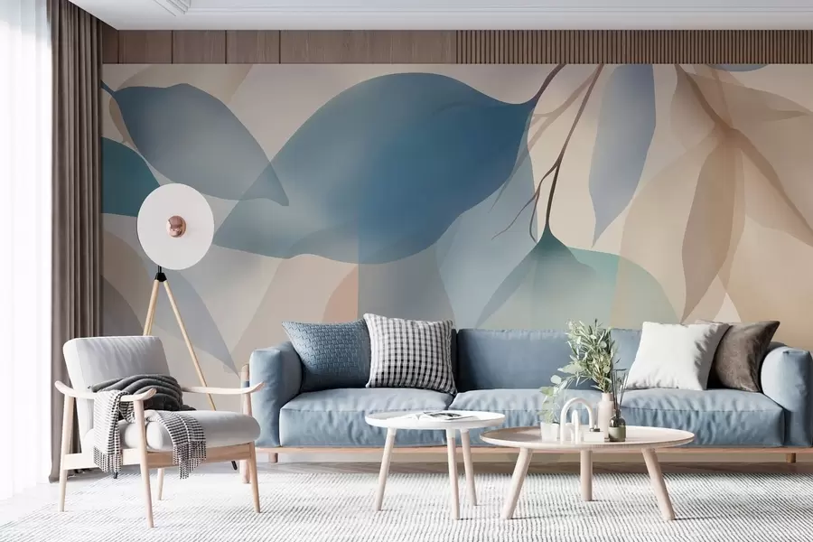 Fototapet elegantní poloprůsvitné listy v odstínech modré a béžové w05060