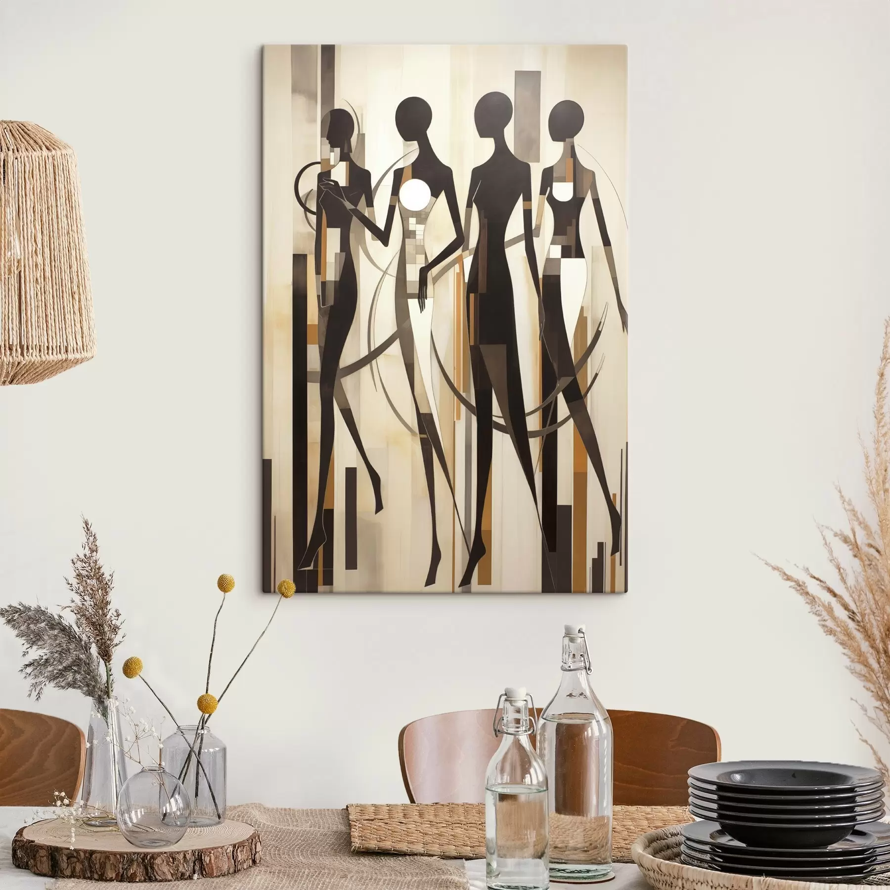 Obraz Stylizované ženské postavy s geometrickými prvky na abstraktním pozadí s vertikálními čarami Č. s47423