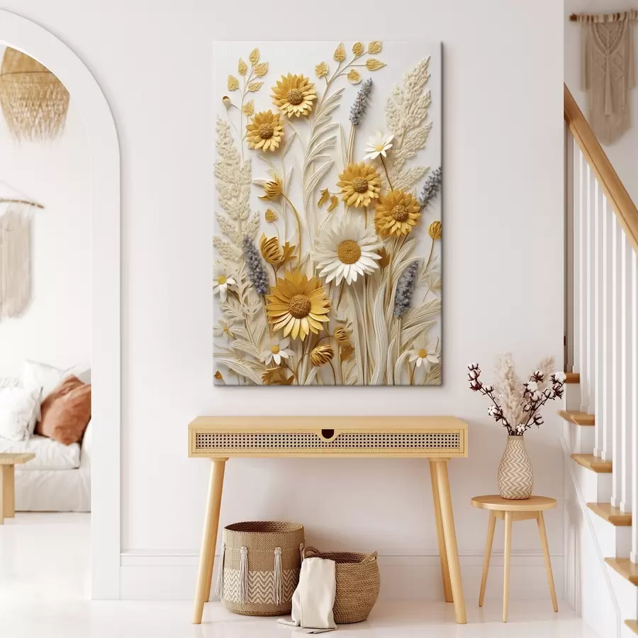 Obraz Texturovaná kolekce žlutých a bílých sedmikrásky se sušenými trávami a levandulovými větvičkami na bílém pozadí Č. s47430