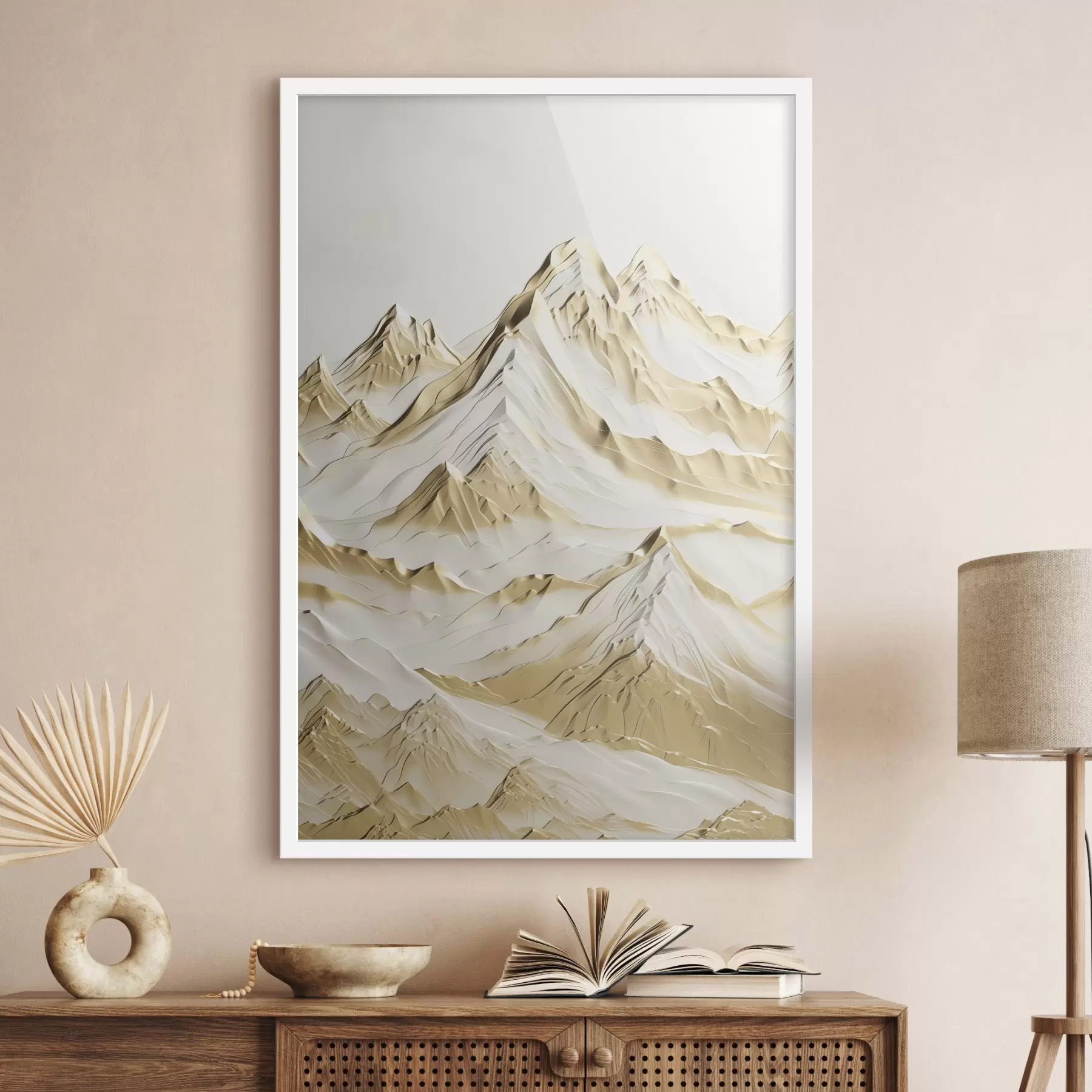 Fototapet Krajina se žlutými, sněhem pokrytými horami s ostrými vrcholy a hlubokými údolími pod jasnou oblohou f47420