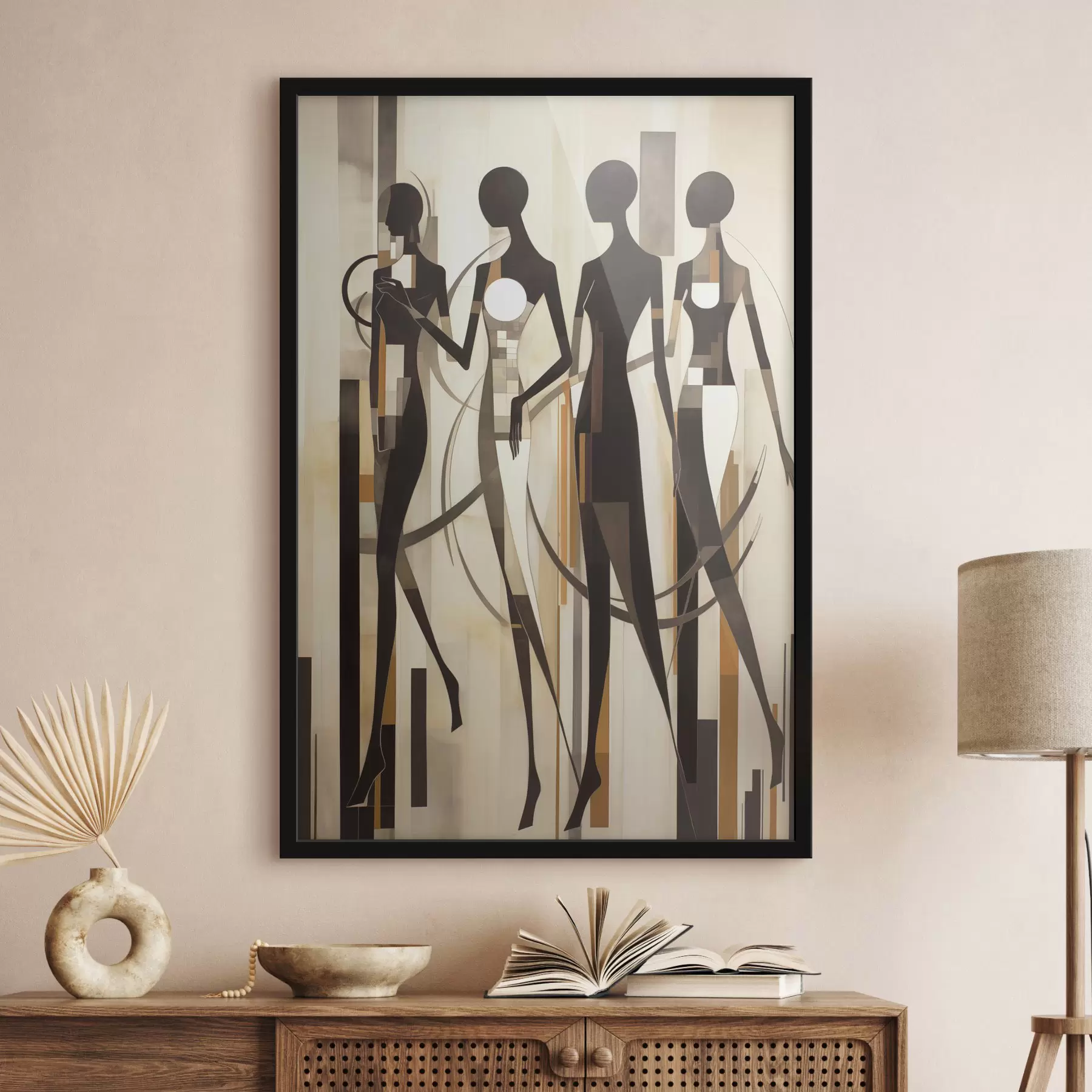 Fototapet Stylizované ženské postavy s geometrickými prvky na abstraktním pozadí s vertikálními čarami f47423