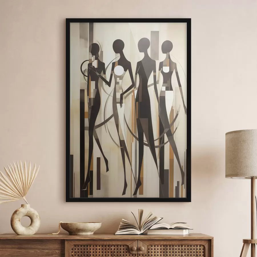 Fototapet Stylizované ženské postavy s geometrickými prvky na abstraktním pozadí s vertikálními čarami f47423