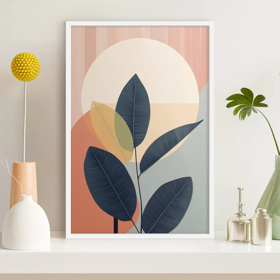 Fototapet Tmavé listy na pozadí abstraktních tvarů v broskvové a šedé barvě s velkým světle žlutým kruhem f47424