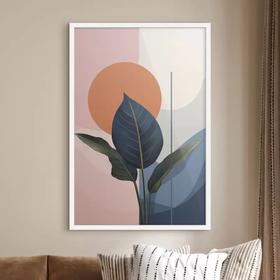 Fototapet Tmavé listy na pozadí abstraktních tvarů v broskvové a šedé barvě s oranžovým kruhem f47425