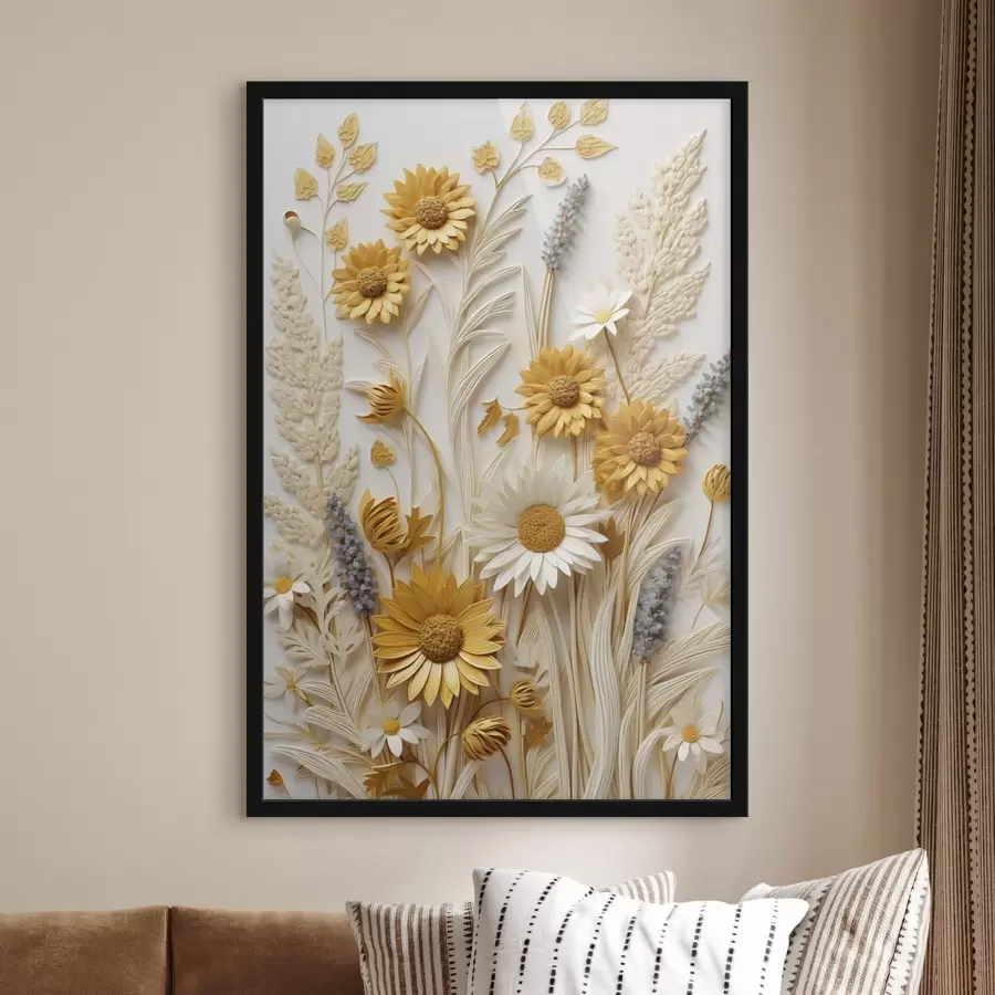 Fototapet Texturovaná kolekce žlutých a bílých sedmikrásky se sušenými trávami a levandulovými větvičkami na bílém pozadí f47430