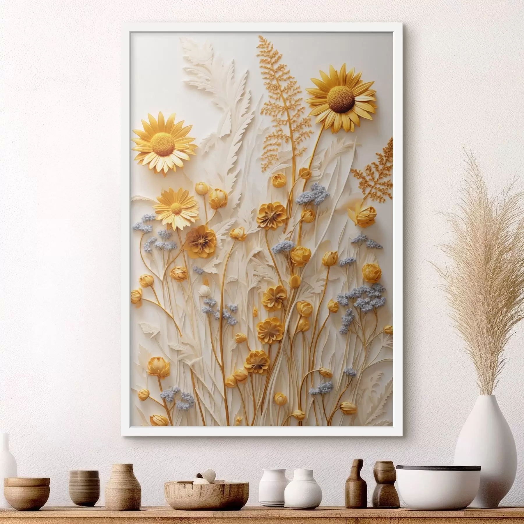 Fototapet Texturovaná kolekce žlutých a bílých sedmikrásky se sušenými trávami a levandulovými větvičkami na bílém pozadí f47431