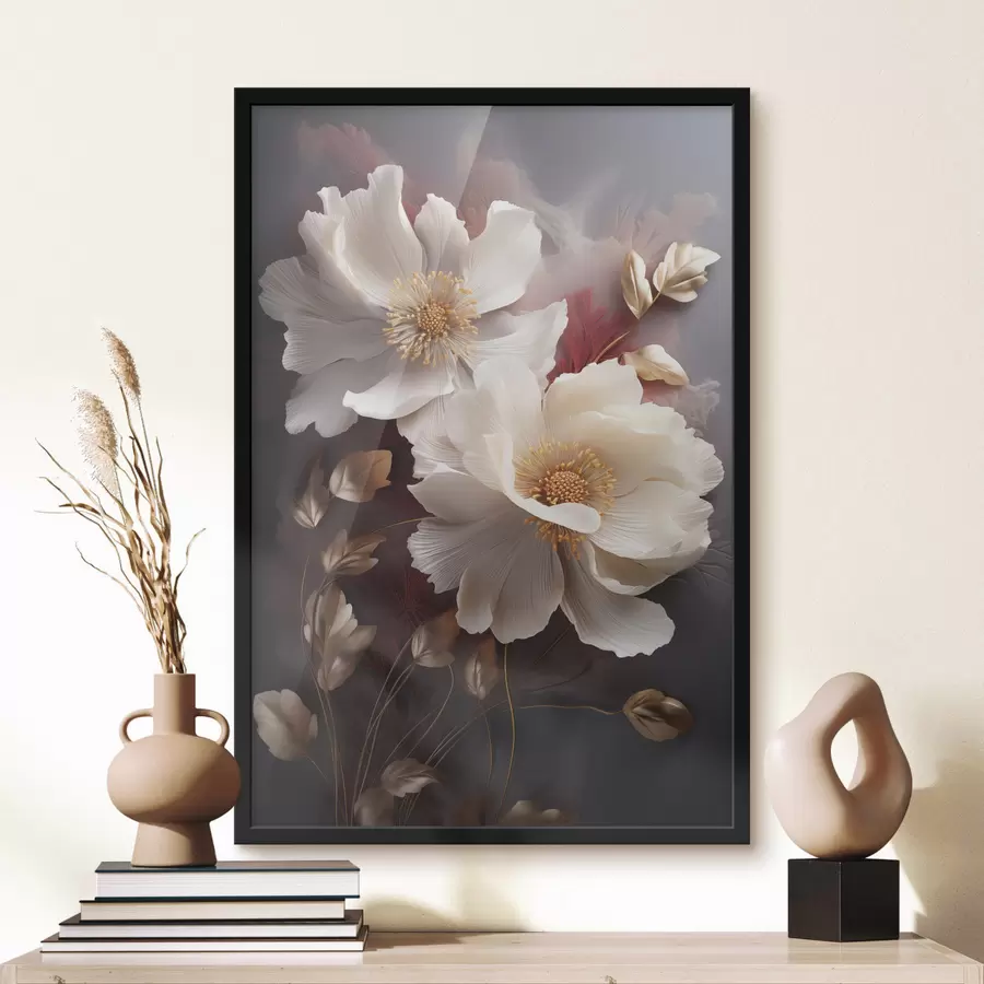 Fototapet Jemné pivoňky s tenkými, jemnými okvětními lístky, obklopené tmavě červenými a žlutými listy na abstraktním pozadí f47435