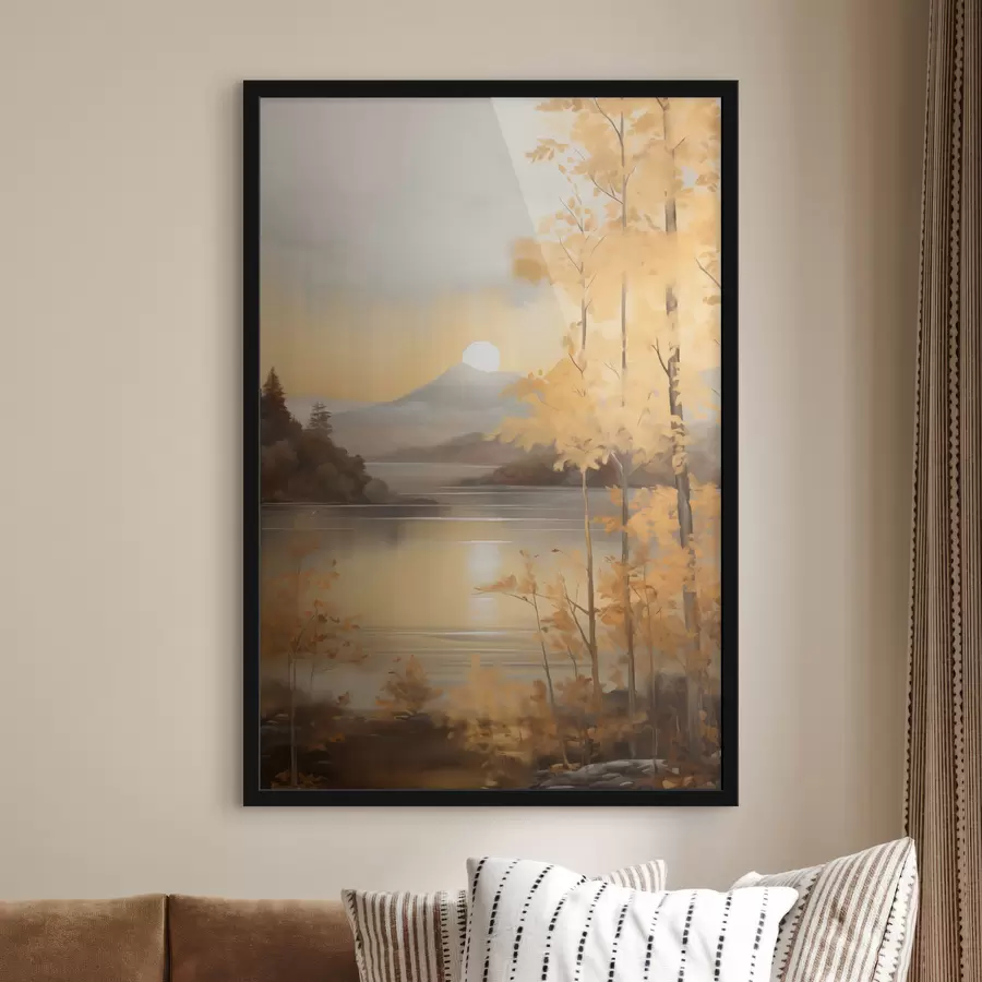 Fototapet Podzimní stromy s oranžovými listy rámují klidné jezero s vzdálenými horami pod zamračenou oblohou. f47440