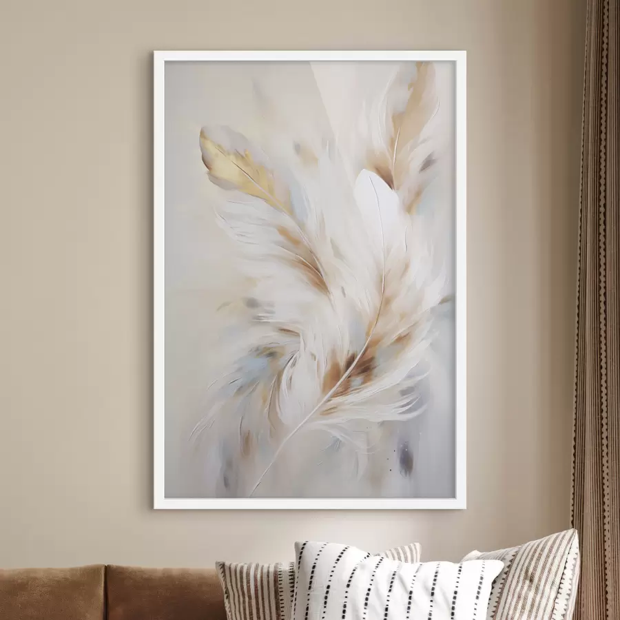 Fototapet Velká, měkká peříčka v kombinaci bílé, žluté a hnědé barvy na světlém, abstraktním pozadí. f47442