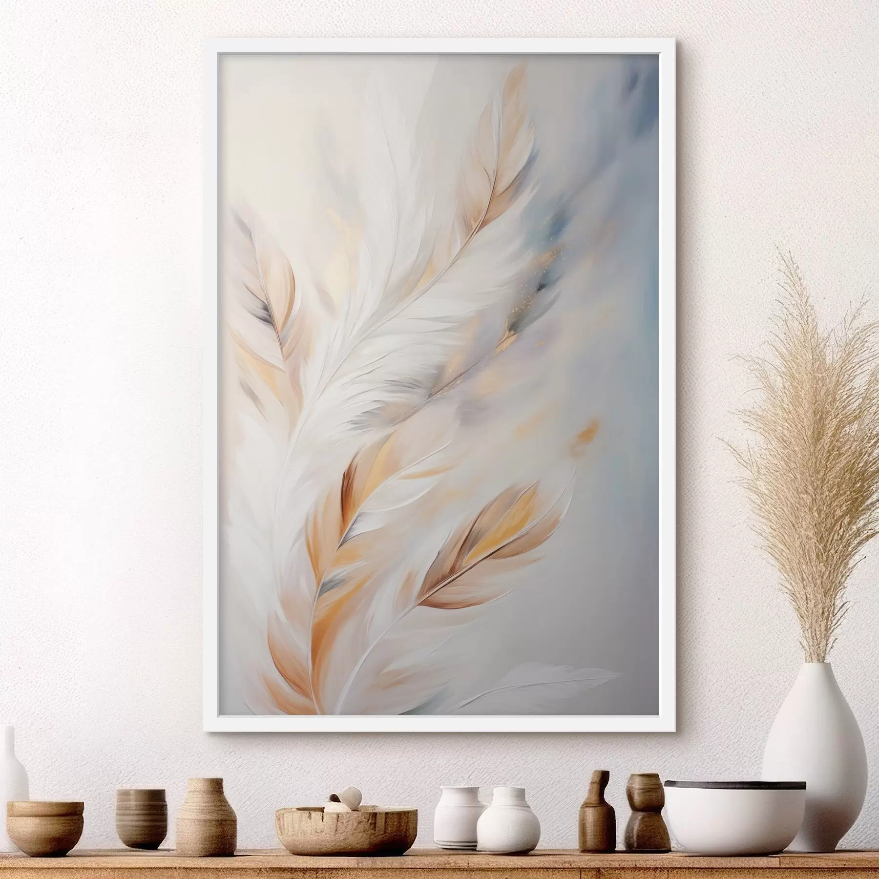 Fototapet Velká, měkká peříčka v kombinaci bílé, žluté a hnědé barvy na světlém, abstraktním pozadí. f47443