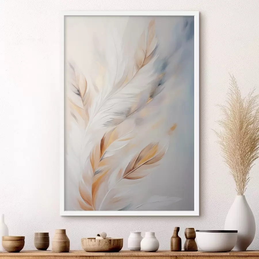 Fototapet Velká, měkká peříčka v kombinaci bílé, žluté a hnědé barvy na světlém, abstraktním pozadí. f47443