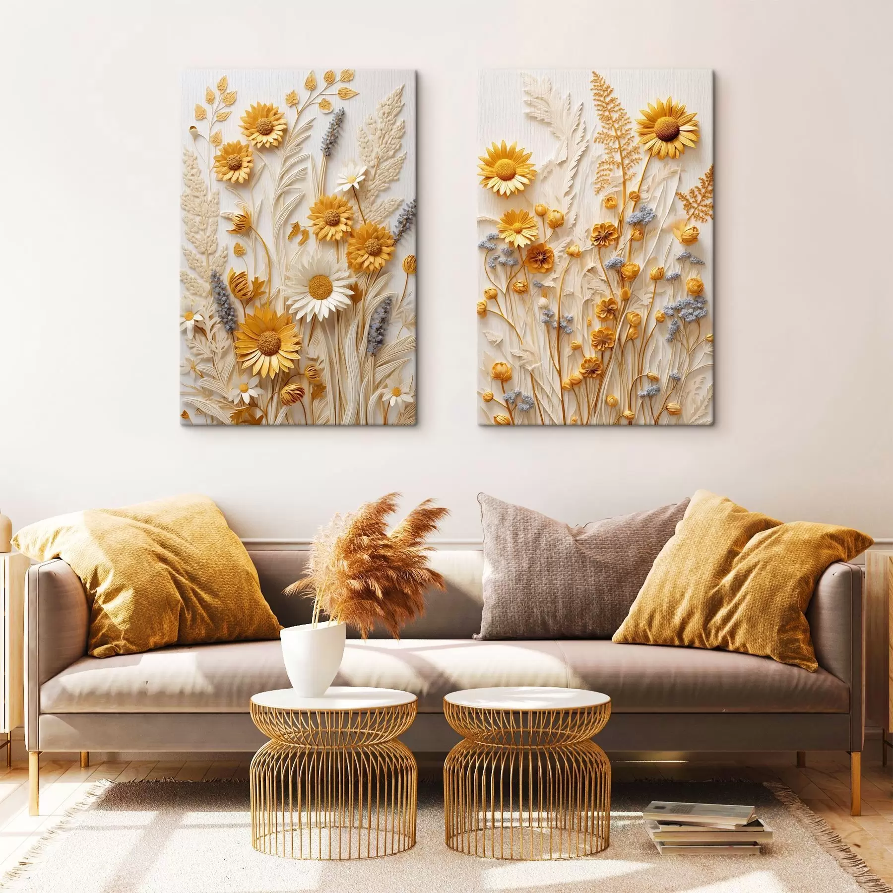 Obraz Texturovaná kolekce žlutých a bílých sedmikrásky se sušenými trávami a levandulovými větvičkami na bílém pozadí Č. m01241