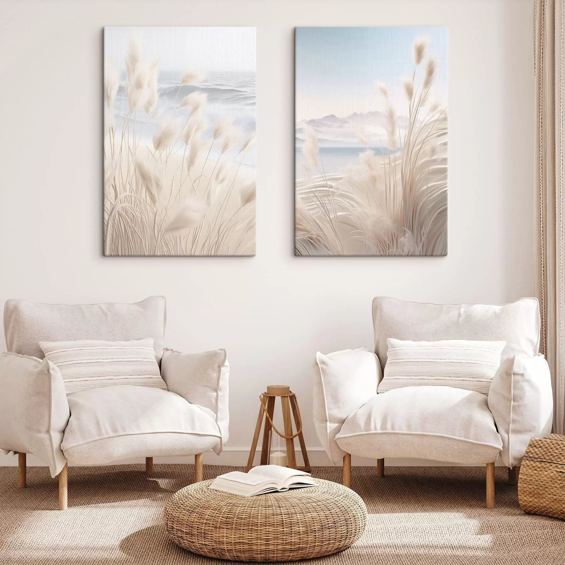 Obraz Vysoká, péřovitá tráva pampas v jemných béžových tónech v popředí, s písečnou pláží v pozadí Č. m01242