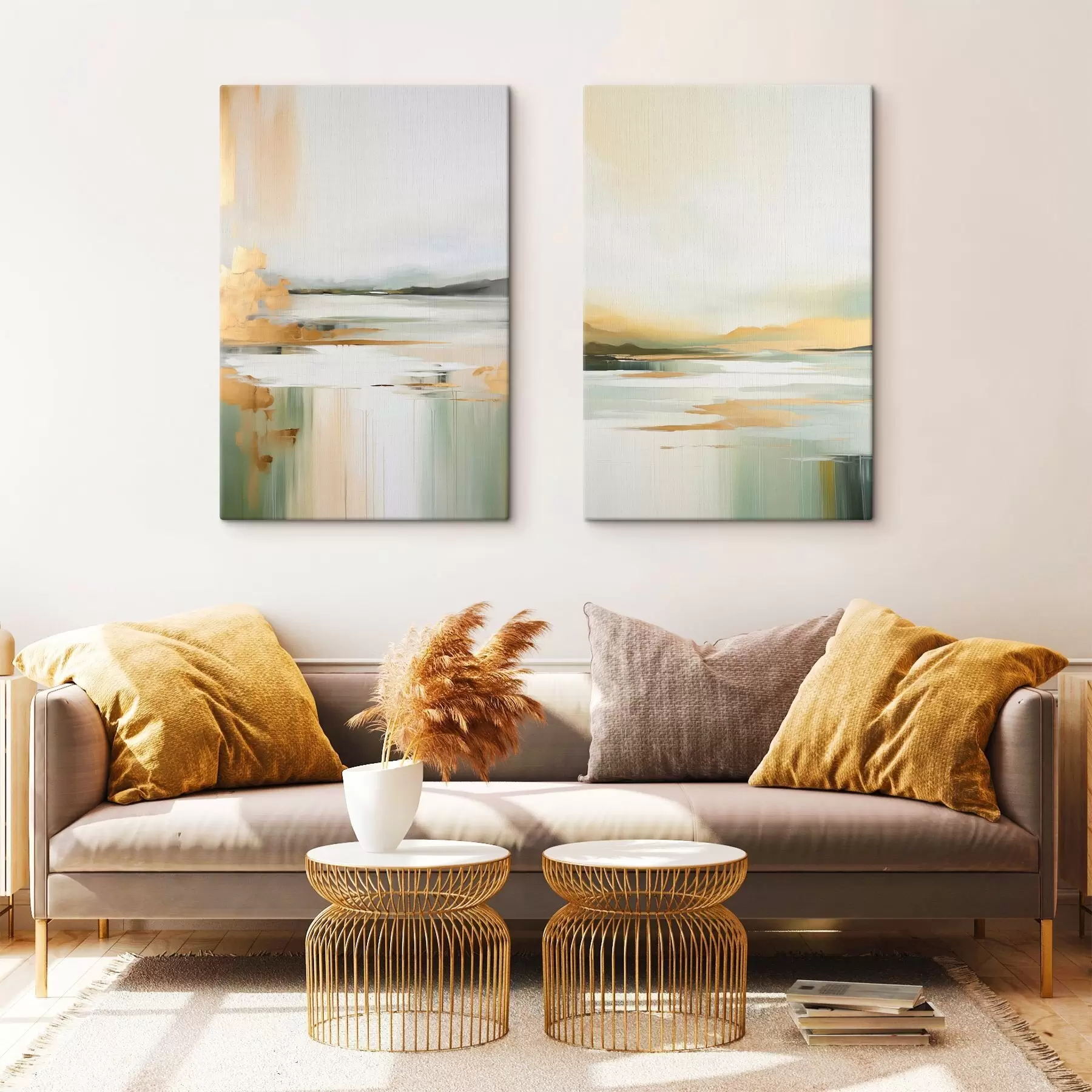 Obraz Abstraktní krajina se žlutými a zelenými tóny, voda odrážející oblohu a vzdálené hory, bledá, zamlžená obloha Č. m01245