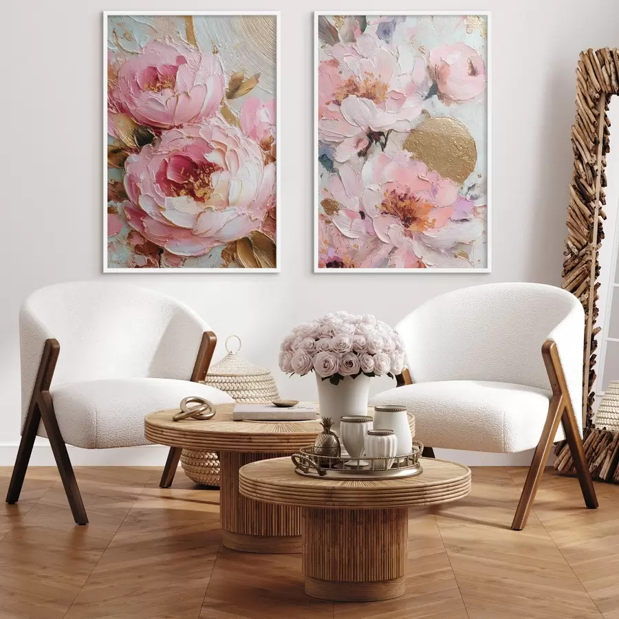 Fototapet Volumetrická malba impastem s růžovými pivoňkami a texturovanými detaily d00573