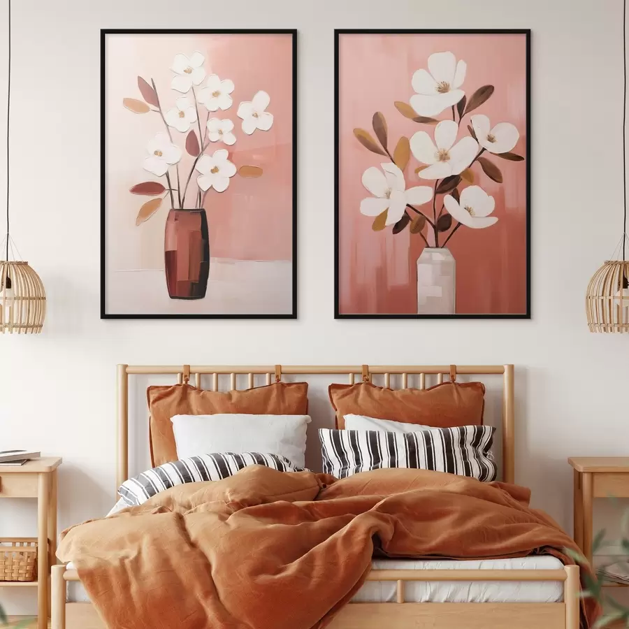 Fototapet Kompozice s kontrastními vázami a strukturovanými bílými květy d00575