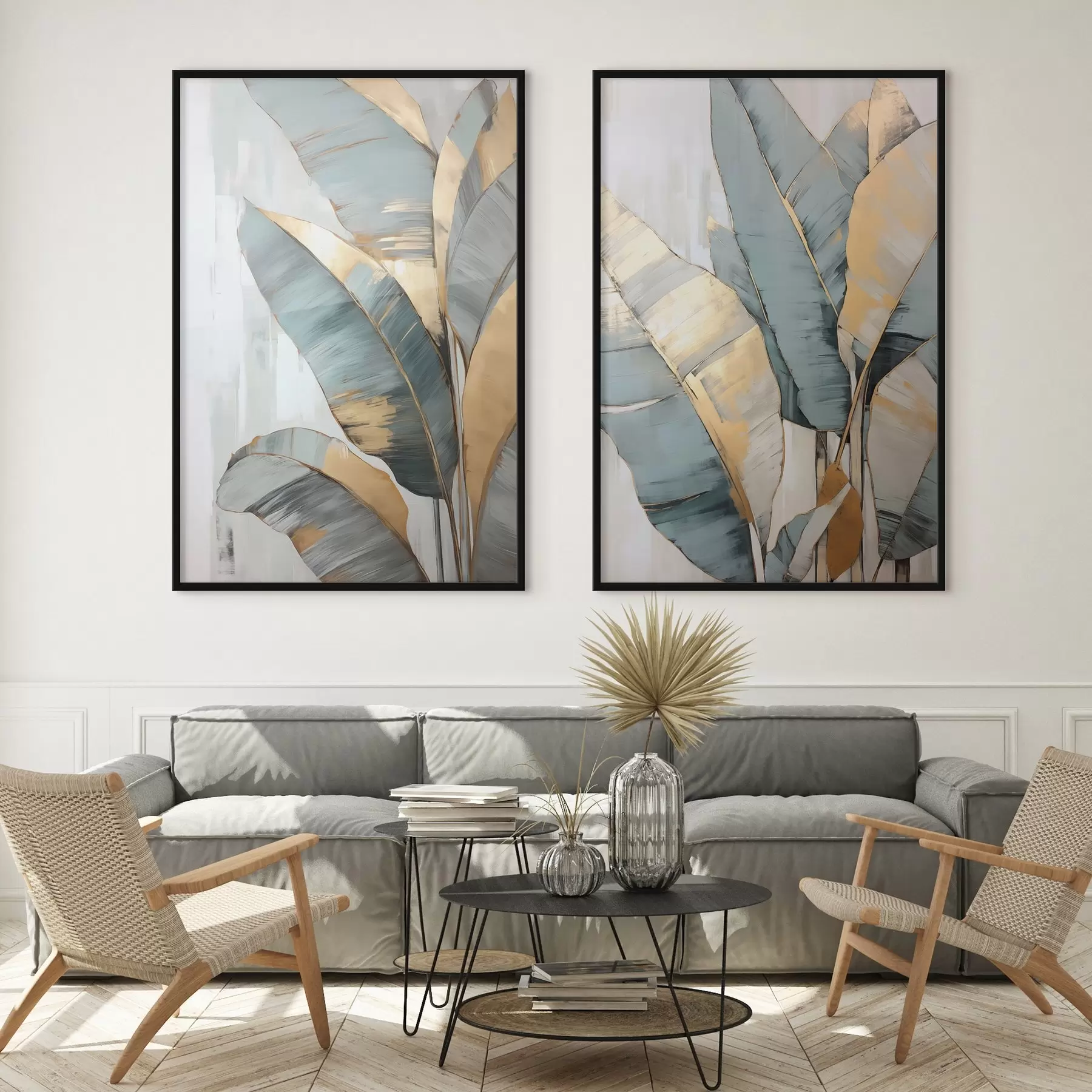 Fototapet Sada tlumených modrých, šedých a žlutých banánových listů s viditelnými tahy štětce na bílém abstraktním pozadí d00645