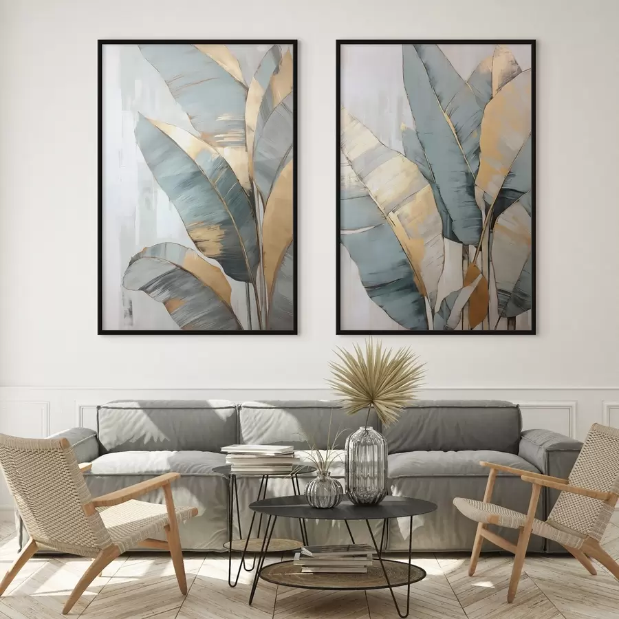 Fototapet Sada tlumených modrých, šedých a žlutých banánových listů s viditelnými tahy štětce na bílém abstraktním pozadí d00645