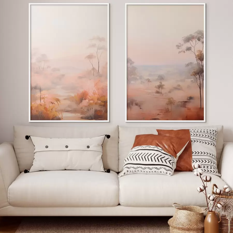 Fototapet Krajina s keři a stromy v odstínech růžové, oranžové a hnědé barvy s horami v pozadí d00646