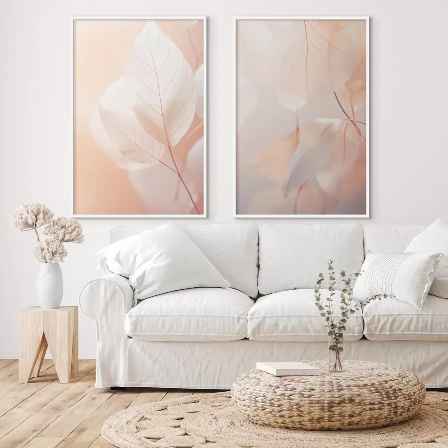 Fototapet Detailní záběr průsvitných listů s jemnými žilkami, jemná broskvová a bílá paleta barev, rozmazané pozadí d00647