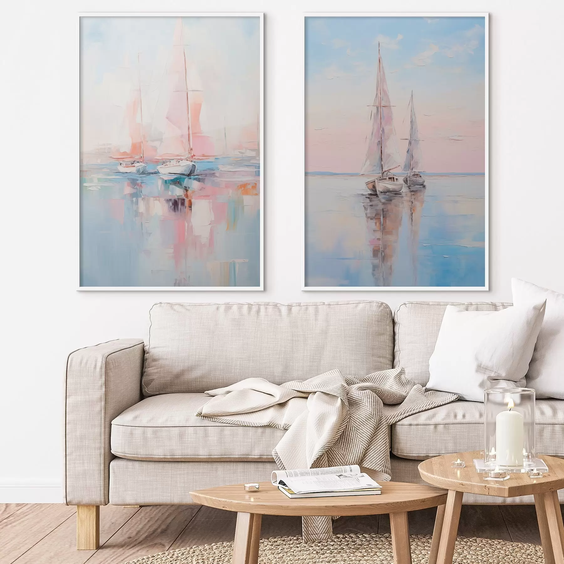 Fototapet Plachetnice s růžovými plachtami plující na klidném moři, odrazy lodí ve vodě, jemné pastelové barvy d00648