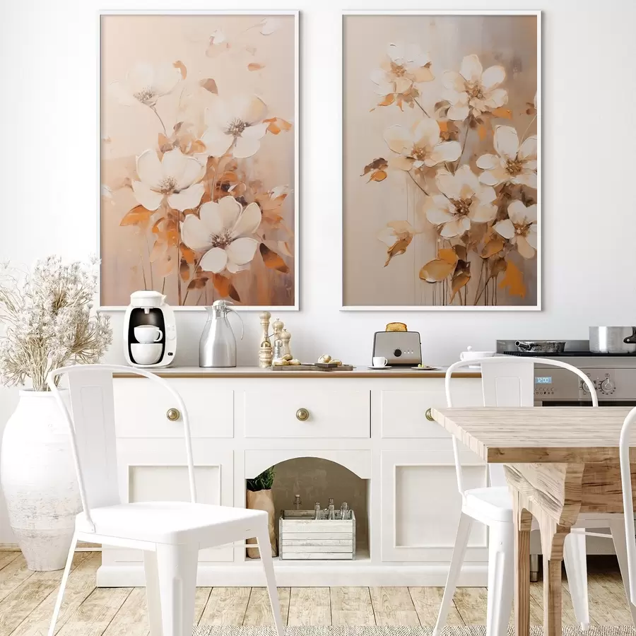 Fototapet Bílé květy s oranžovými listy, jemné tahy štětcem, teplá paleta barev, elegantní kompozice d00656