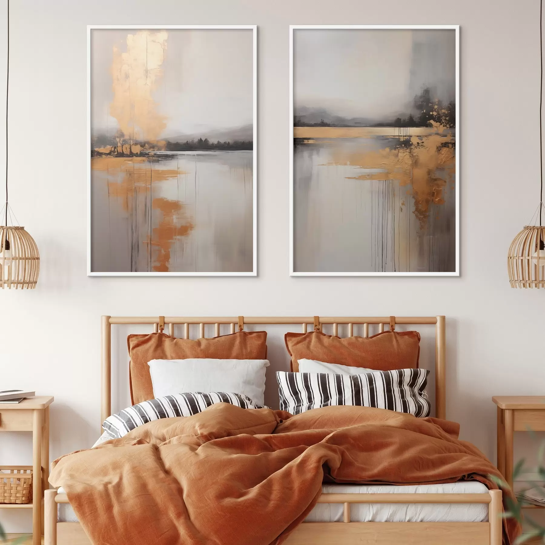 Fototapet Abstraktní krajina s jezerem, stromem a žlutou mlhou , ve které se odráží voda a zatažená obloha d00657