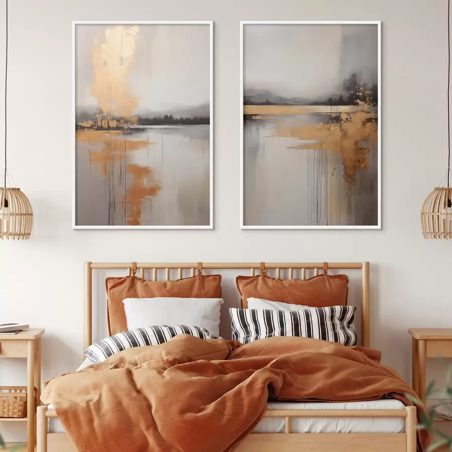 Fototapet Abstraktní krajina s jezerem, stromem a žlutou mlhou , ve které se odráží voda a zatažená obloha d00657