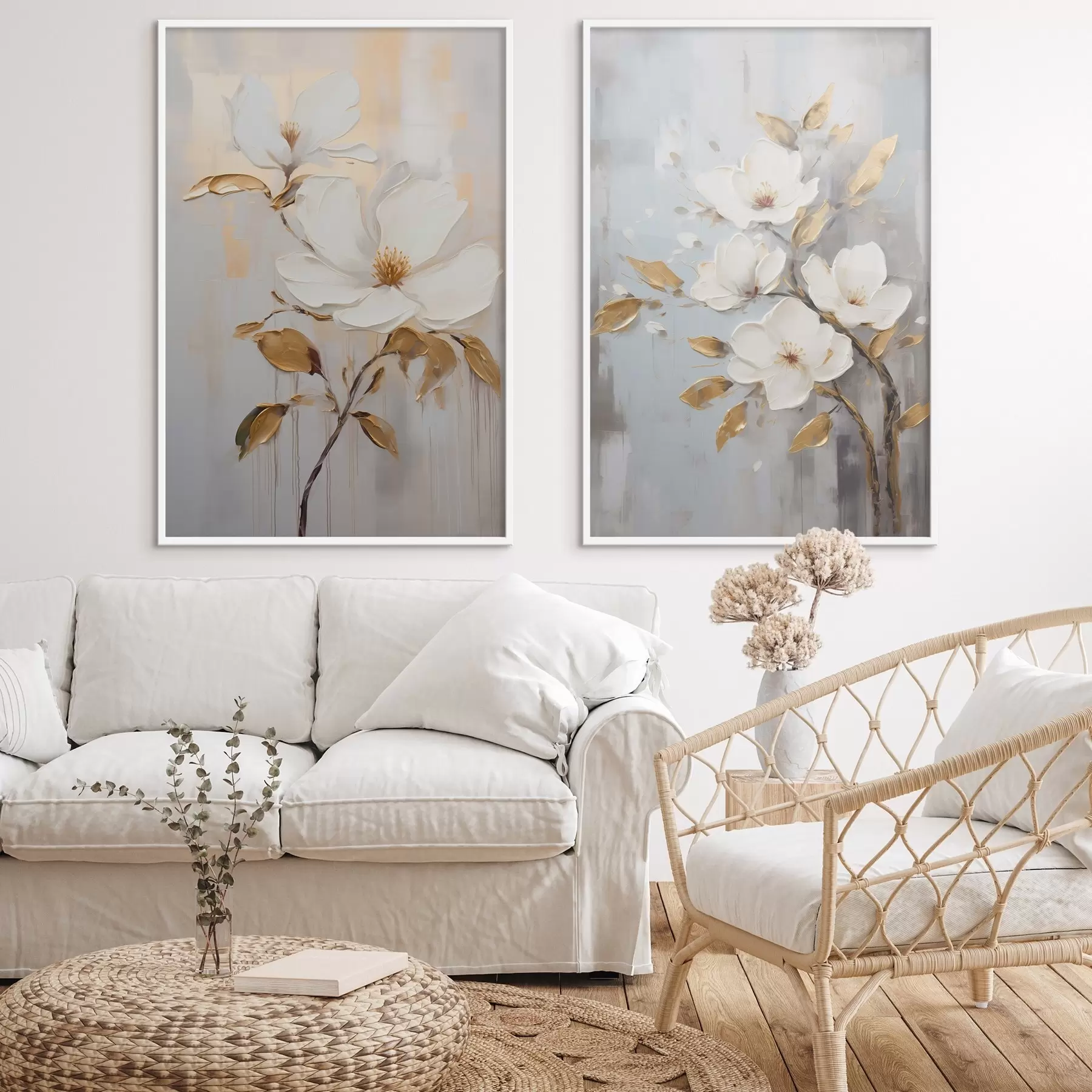 Fototapet Dva bílé květy se žlutooranžovými listy na světlém pozadí d00687