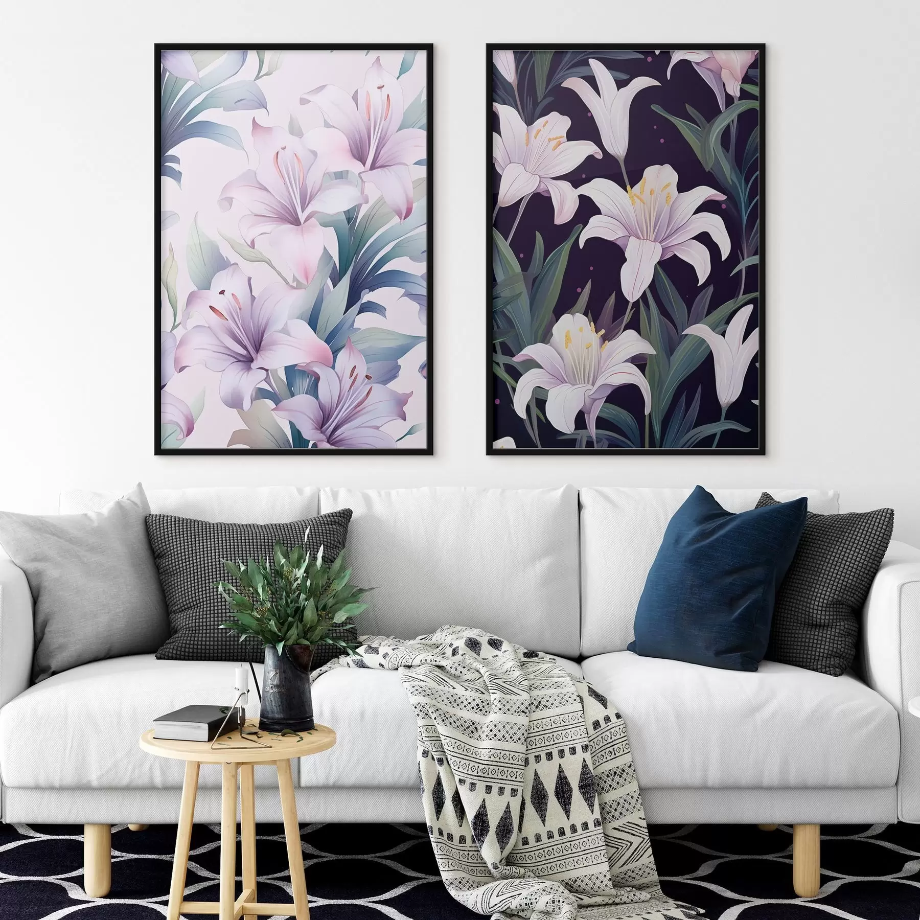 Fototapet Jemné růžové lilie se zelenými listy na světlém a tmavém pozadí d00689